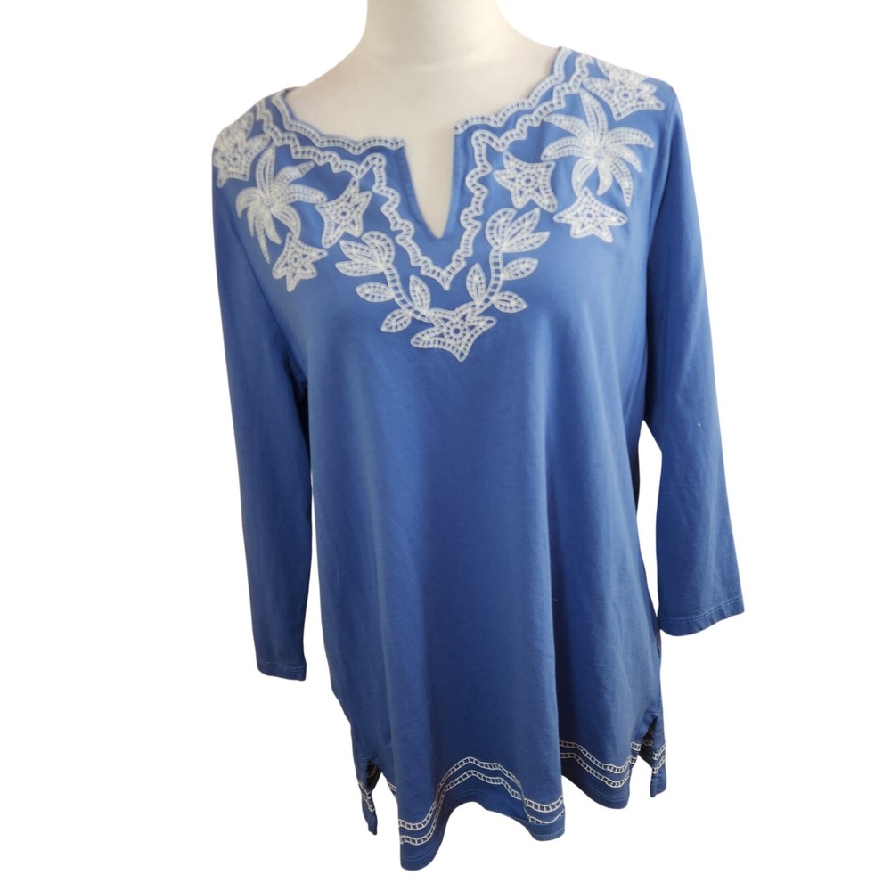 Talbots Womens Blue Cotton Embroidered Notch Neck Tunic Top Size L 3/4 Sleeve